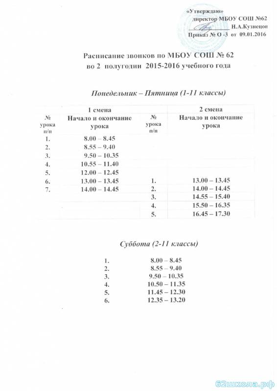 Расписание звонков